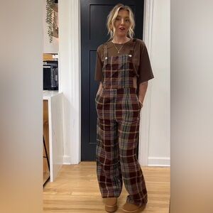 Tweed plaid button wide leg jumpsuit